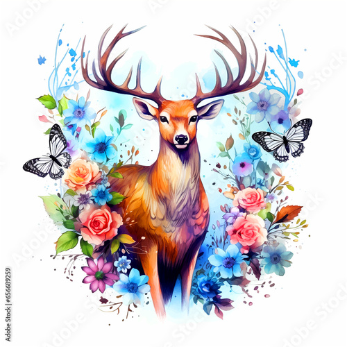 Deer surrounded by flowers watercolor paint