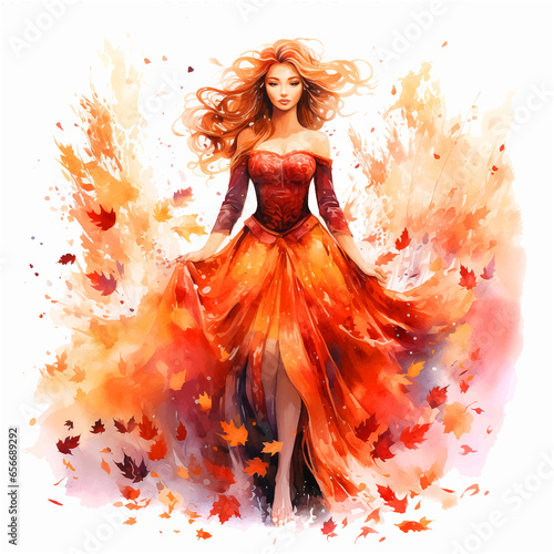 Autumn princess watercolor paint art 