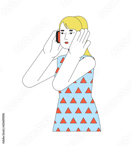 Headphones woman blonde 2D linear cartoon character. Girl european listening music isolated line vector person white background. Podcast, radio listener. Happy melomaniac color flat spot illustration