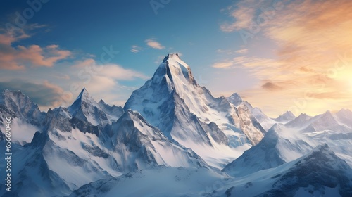 beautiful panoramic view of snowy mountains at sunset - 3d illustration © Iman
