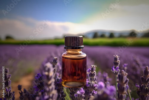 Lavender essential oil in a small bottle with lavender field background. Selective focus  nature  for product presentation  product display  banner background