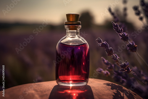 Lavender essential oil in a small bottle with lavender field background. Selective focus, nature, for product presentation, product display, banner background