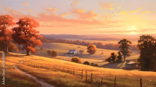 Panoramic view of the English countryside at sunset with a small cottage in the foreground