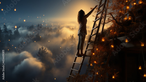 Woman on a ladder reaching for a box out of reach,