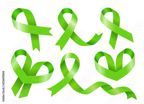 Mental Health Day. Organ Donation Month. Set of Green ribbons. Vector illustration.