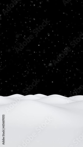 Beautiful smooth snow surface with small bumps landscape and realistic falling snowflakes on clean black copy space vertical animation. Concept Christmas, New Year background. photo