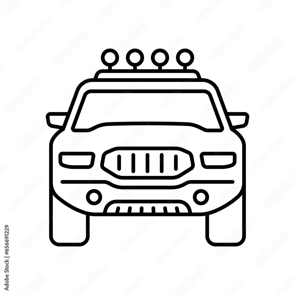 SUV icon. Off-road vehicle. Black contour linear silhouette. Front view. Editable strokes. Vector simple flat graphic illustration. Isolated object on a white background. Isolate. SUV icon. Off-road vehicle. Black contour linear silhouette. Front view. Editable strokes. Vector simple flat graphic illustration. Isolated object on a white background. Isolate.