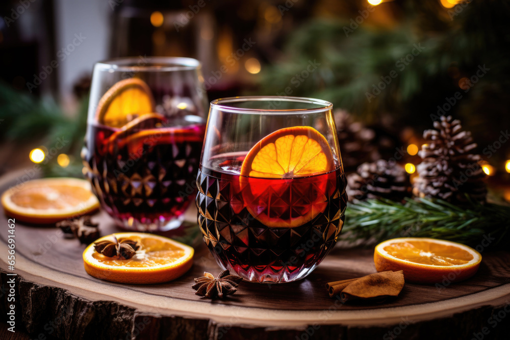 Mulled red wine with spices and citrus fruits. Traditional hot drink at Christmas time. Generative AI Mulled red wine with spices and citrus fruits. Traditional hot drink at Christmas time. Generative AI