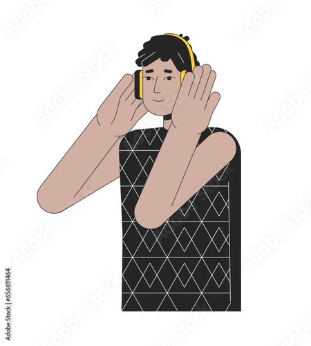 Headphones hispanic guy 2D linear cartoon character. Dreads latino listening to music beats isolated line vector person white background. Podcast listener. Music lover color flat spot illustration