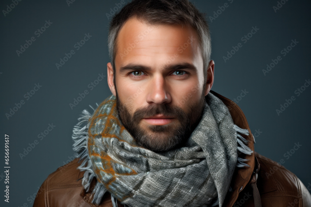Fototapeta premium Fashion dude in scarf and shades, looking at camera