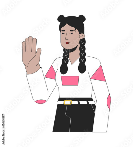 Stylish hispanic girl hello wave 2D linear cartoon character. Positive greeting teenager latina isolated line vector person white background. Stop hand. Saying hi color flat spot illustration