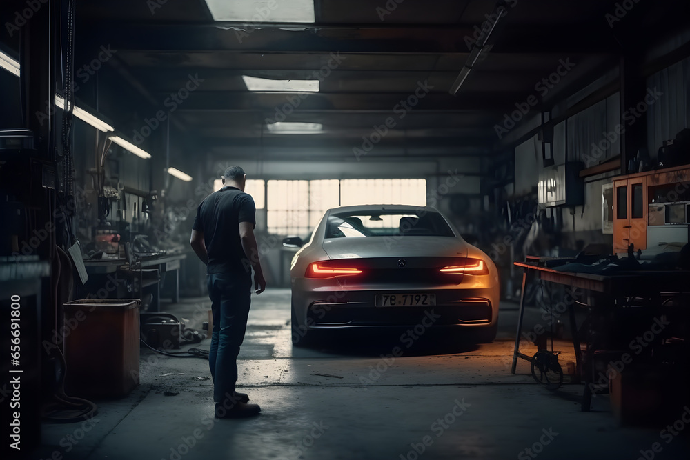 Mechanic man examining car engine in garage. repairing a car and inspecting a broken engine. manual diagnostics. machine maintenance Mechanic man examining car engine in garage. repairing a car and inspecting a broken engine. manual diagnostics. machine maintenance
