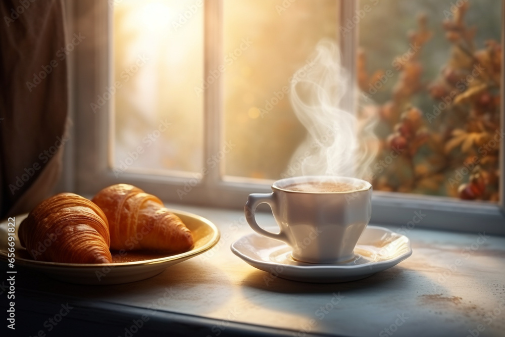 cup of coffee and croissant. generative ai. Romantic breakfast with a beautiful view from the window. cup of coffee and croissant. generative ai. Romantic breakfast with a beautiful view from the window.