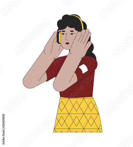 Headphones lady latin american 2D linear cartoon character. Mexican young woman listening music isolated line vector person white background. Podcast listener. Melomaniac color flat spot illustration
