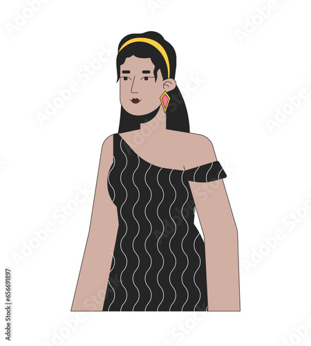 Handsome hispanic lady in 70s inspired clothes 2D linear cartoon character. Stylish latina woman posing isolated line vector person white background. Relaxed standing color flat spot illustration