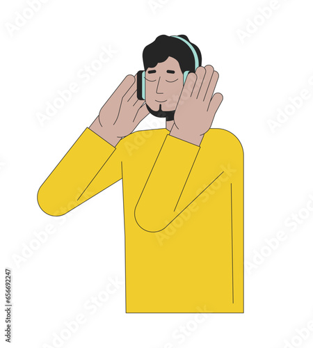 Headphones middle eastern guy bearded 2D linear cartoon character. Carefree arab man listening to music beats isolated line vector person white background. Music lover color flat spot illustration