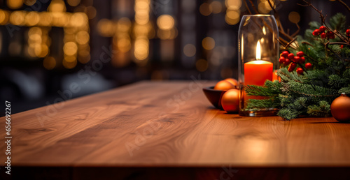 Christmas time and desk with candles  fir branch with free space for your decoration. Empty wood table top with blur Christmas tree with bokeh light background  digital ai 