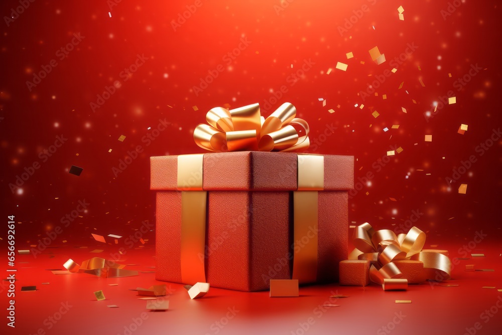 A Red Gift Box with Presents, Set Against a Festive Red Background, Generative AI A Red Gift Box with Presents, Set Against a Festive Red Background, Generative AI