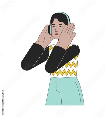 Headphones middle eastern woman 2D linear cartoon character. Happy melomaniac arab girl isolated line vector person white background. Podcast listening, enjoying music color flat spot illustration