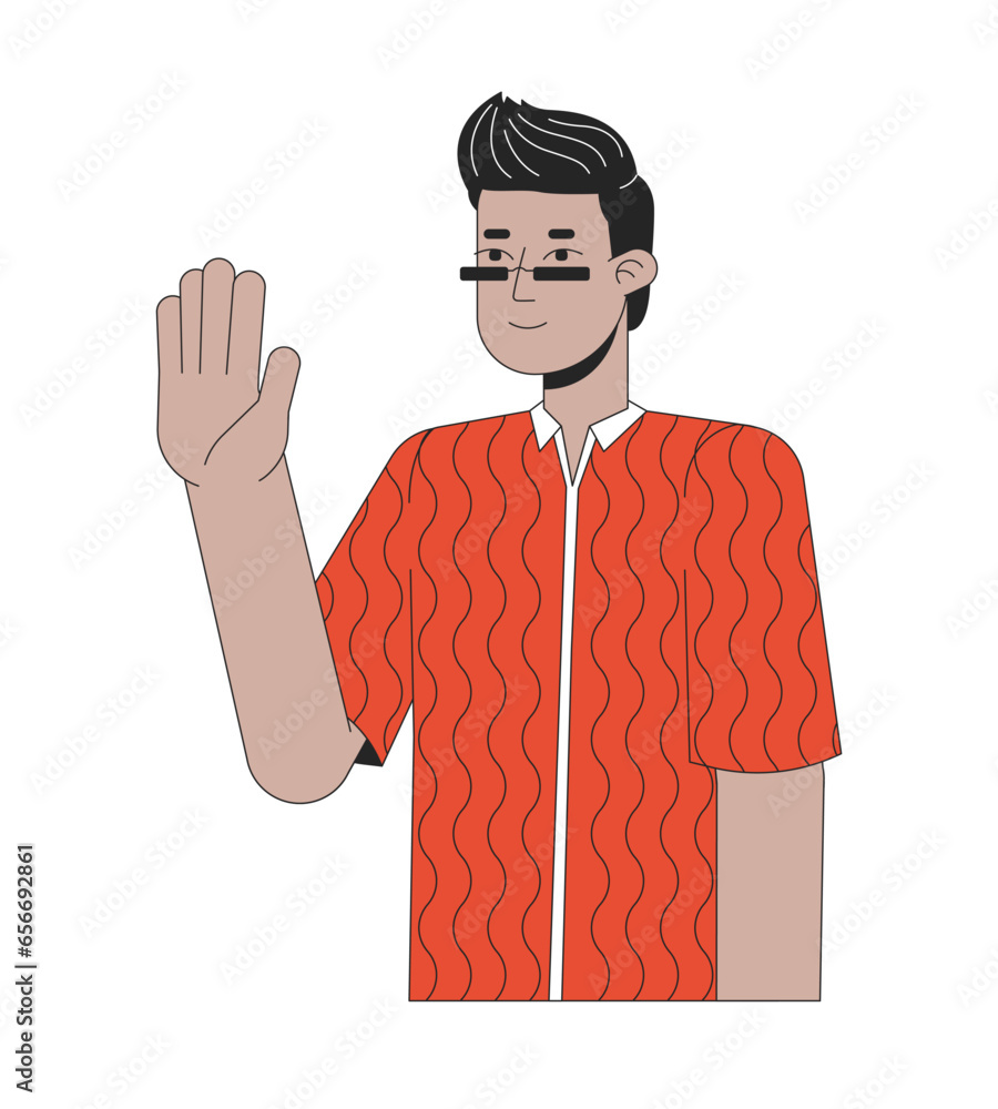 Sunglasses indian man waving hand 2D linear cartoon character. Stylish south asian guy saying hello isolated line vector person white background. Greeting gesture color flat spot illustration Sunglasses indian man waving hand 2D linear cartoon character. Stylish south asian guy saying hello isolated line vector person white background. Greeting gesture color flat spot illustration