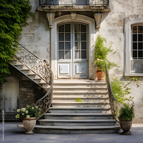 Stairs up to the entrance to an old house with flowers in pots