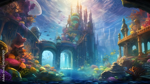 Underwater scene with fishes and a castle in the background - 3D render