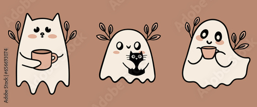 Ghost drinking coffee illustration. Cat sheet ghost holding a mug. Fall season aesthetic cute flat design with ghosts, cats, coffee cup and leaves. Halloween minimalist vector set.