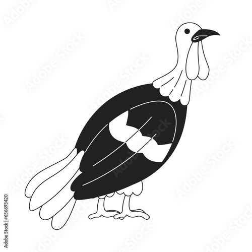 Domestic turkey bird black and white 2D cartoon character. Poultry farming isolated vector outline animal. Wild gobbler thanksgiving. November countryside bird monochromatic flat spot illustration