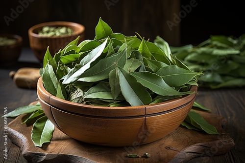 closeup bowl with dried bay leaves on wooden background