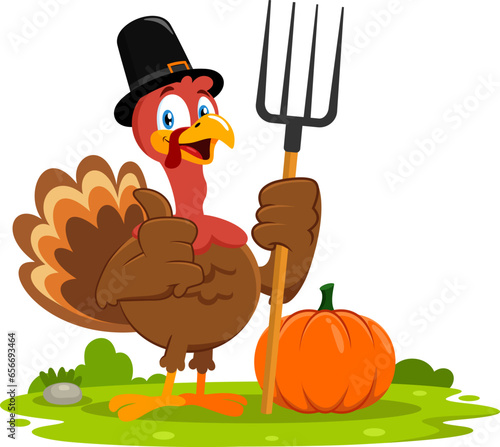 Funny Pilgrim Turkey Cartoon Character Holding A Pitchfork And Giving The Thumbs Up. Vector Illustration Flat Design Isolated On Transparent Background