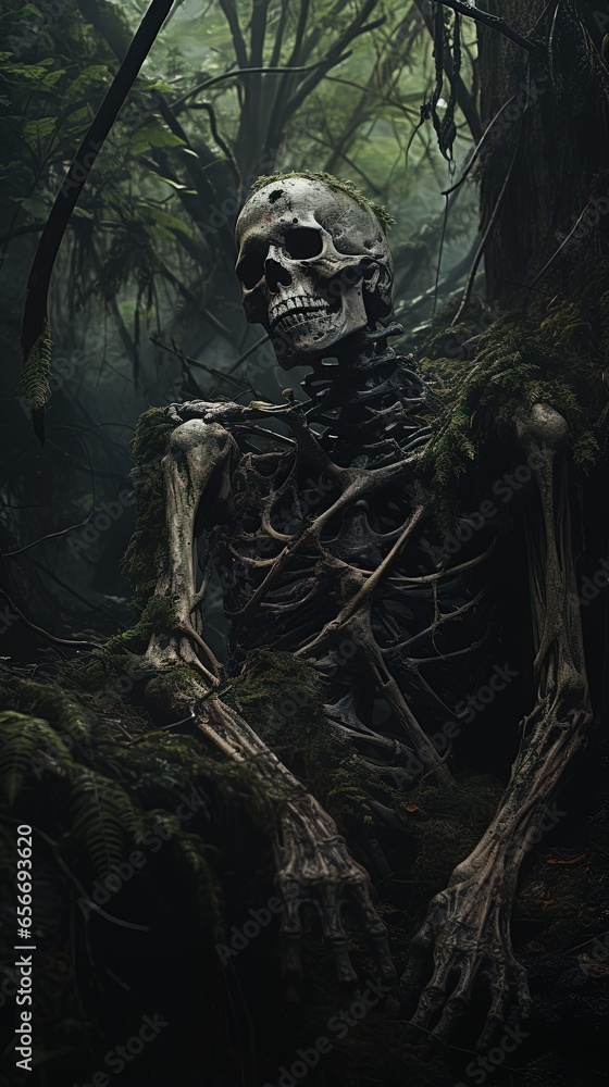 vertical image of a human skeleton covered with earth and moss lies in a scary dark gloomy forest vertical image of a human skeleton covered with earth and moss lies in a scary dark gloomy forest