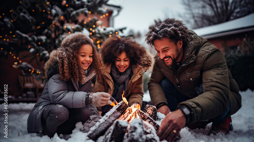 Father and children lighting bonfire outside their house on Christmas season in the winter season. Generative AI.