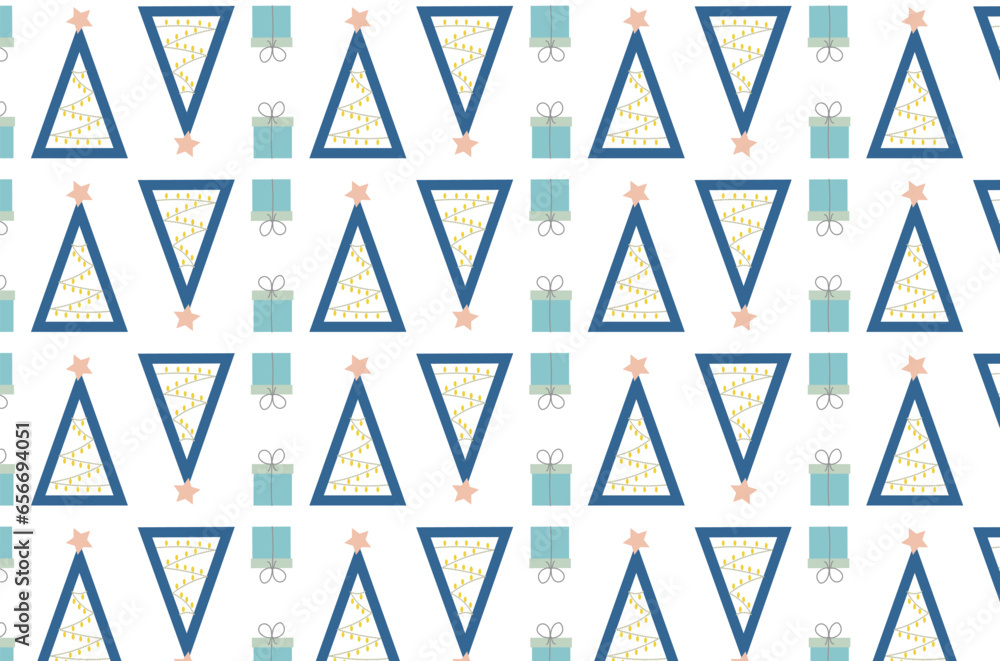 Pattern of blue Christmas trees and gift boxes on white background. Pattern of blue Christmas trees and gift boxes on white background.