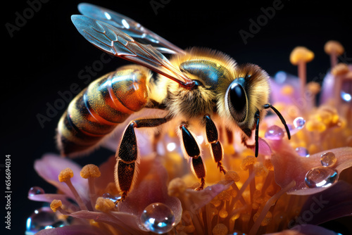 Beautiful bee on a flower on a magical background. Pollination.Beautiful wallpaper, postcard. © syhin_stas