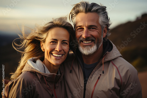 Active happy fit middle aged couple walking and playing sports.Concept of tourism, travel, active vacation