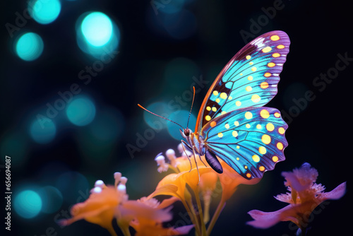 Beautiful glowing magical multi-colored butterfly on beautiful flowers. Fantasy. Animal Protection Day concept. © syhin_stas