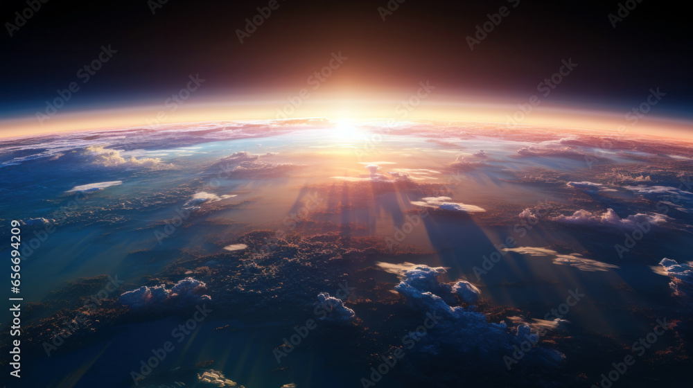 Aerial view of planet Earth with clouds from space. View of sunrise as seen from Earth's orbit - obrazy, fototapety, plakaty 