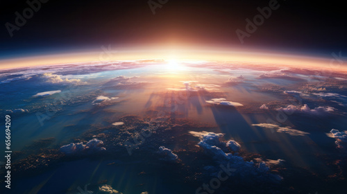 Aerial view of planet Earth with clouds from space. View of sunrise as seen from Earth's orbit photo