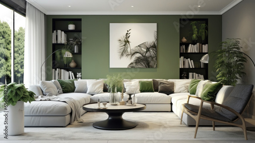 Modern cozy living room interior design with stylish sofa, coffee table, green plants, flowers, vases, poster, and decoration in a modern green look