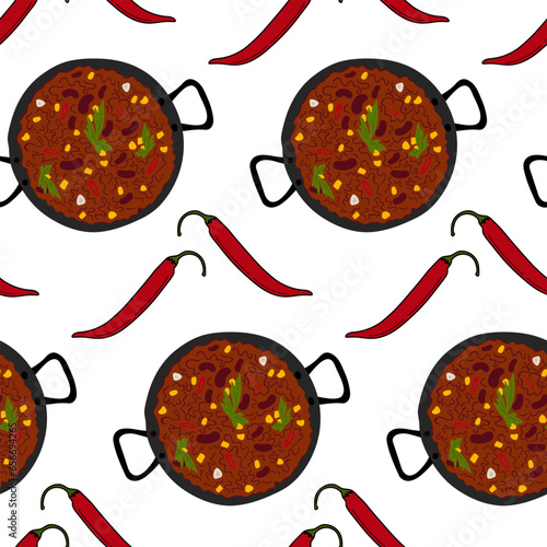 Endless pattern of Chili con carne and red hot chili pepper. Traditional Mexican spicy food. Isolate