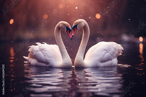 A beautiful pair of swans with their necks form a heart. Beautiful magical background.Mating games of a pair of white swans. Swans swimming on the water. Postcard for St. Valentine's Day. Wallpaper.