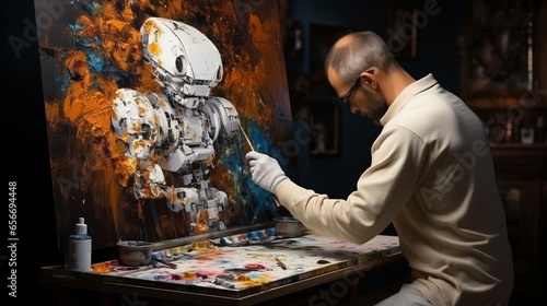 A robot with artificial intelligence creates a picture, modern art and painting performed by a machine. Concept: Illustration of applications for robotic creativity generation. photo