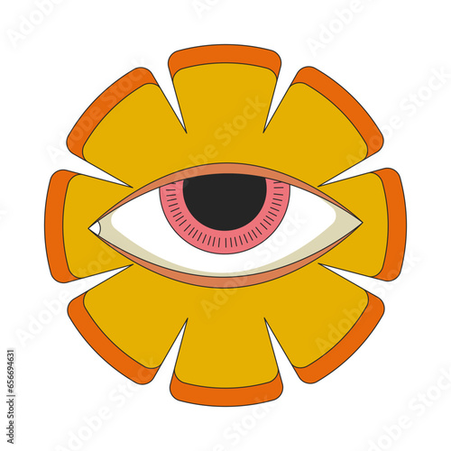 Whimsical flower eye 2D linear cartoon object. Rural marigold occult. Blossom spiritual imagination isolated line vector element white background. Fantasy hallucination color flat spot illustration