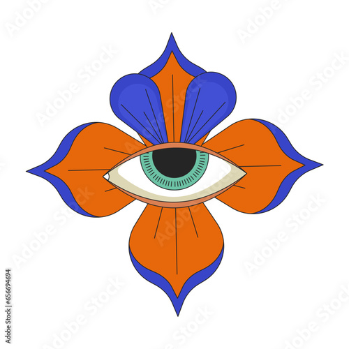 Four petals flower with human eye 2D linear cartoon object. Blossom spiritual imagination isolated line vector element white background. Fantasy prophecy, hallucination color flat spot illustration