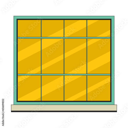 Twelve pane window with windowsill 2D linear cartoon object. Building exterior window glass isolated line vector element white background. Retro residential casement color flat spot illustration