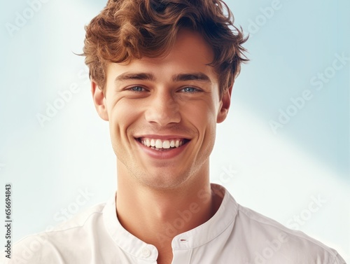 Photo portrait of a handsome man smiling with clean teeth. Dental advertisement