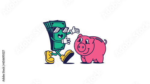 Retro couple character vector illustration. Happy Money and Piggy Bank cartoon.