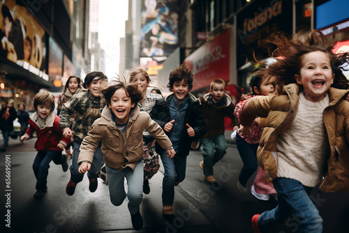Kinder laufen lachend durch die Stadt.