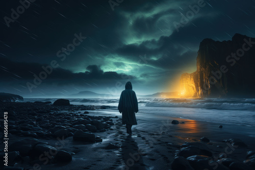 Traveler in a raincoat against the backdrop of Iceland landscapes, glaciers and mountains, black sand and northern lights