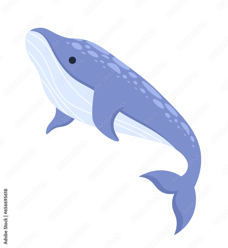 Fototapeta premium Whale humpback underwater 2D cartoon character. Giant sea creature isolated vector animal white background. Endangered species. Big fish. Ocean creature. Marine life color flat spot illustration